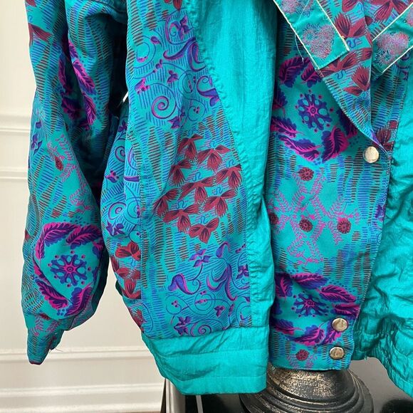 Vintage 90s 94 Lady Lavon Teal Satin Print Winderbreaker Jacket 1X - Picture 5 of 11